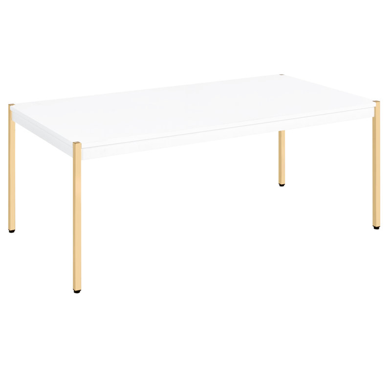 Table basse contemporaine contemporaine blanche et dorée, spacieuse et élégante avec pieds en métal pour le salon, offrant des supports de pieds stables