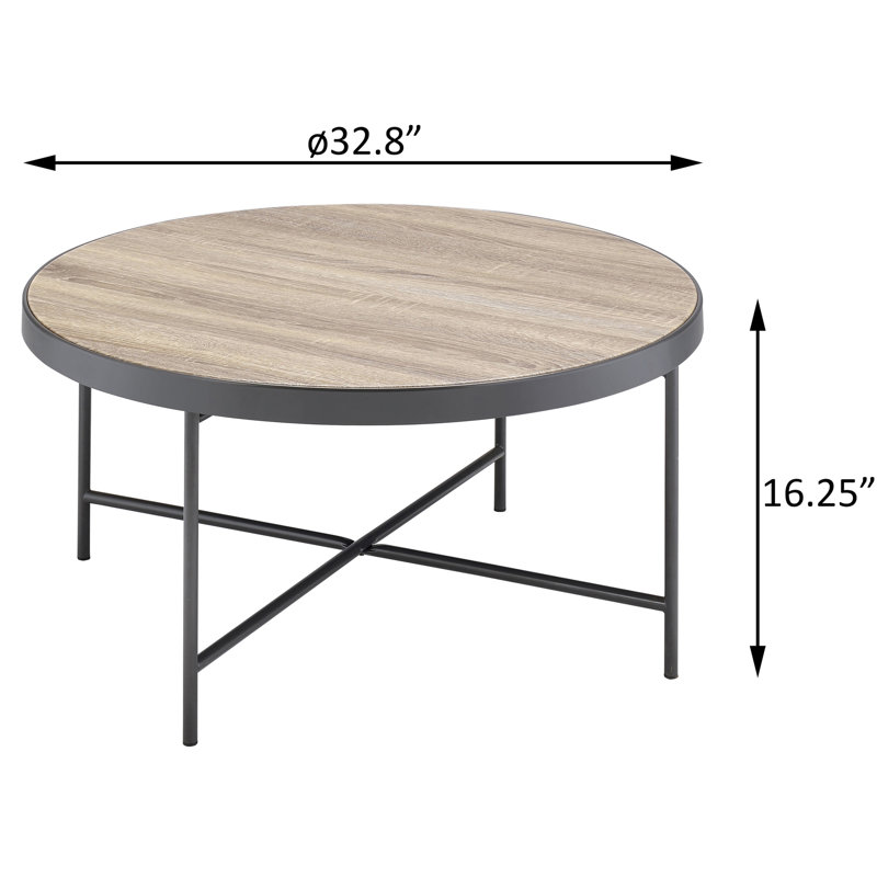 Table basse avec support en X, chêne industriel vieilli et finition noire, garniture ronde en métal