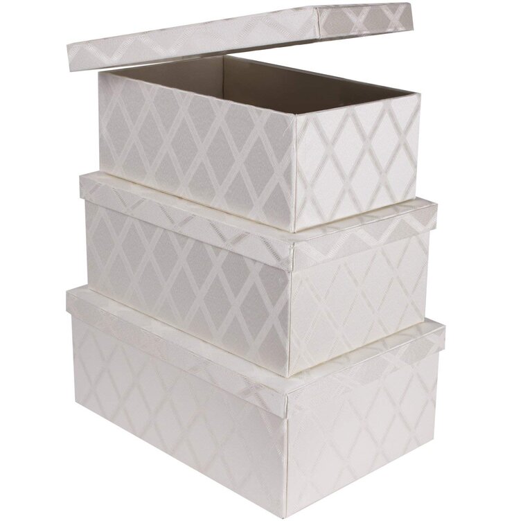 Everly Quinn Decorative Storage Boxes with Lids – Set of 3 - Hard Thick Cardboard Storage Box Lined with Fabric, Nesting Storage Baskets for Shelves, Closet Organi