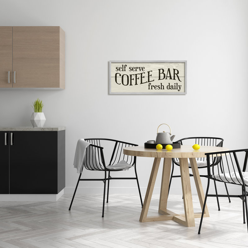 Signe de barre de café en libre-service avec motif de planche rustique surdimensionné encadré noir, art texturé par Daphne Polselli