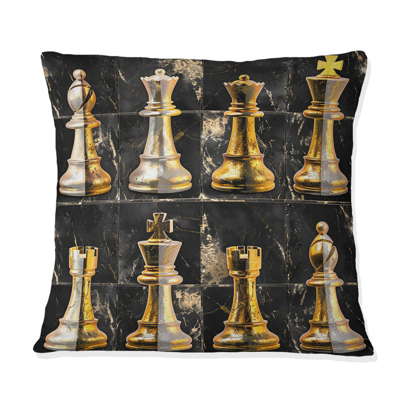 Coussin lombaire doré à motif d'échecs noir I, H 16 po x l 16 po, Carré
