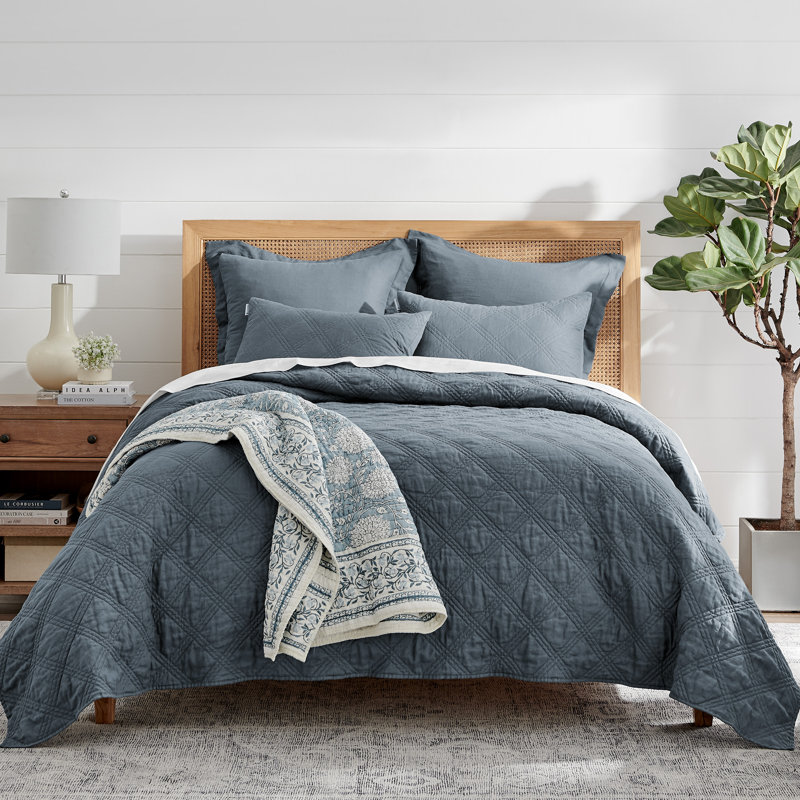Washed Linen Denim Blue King Quilt