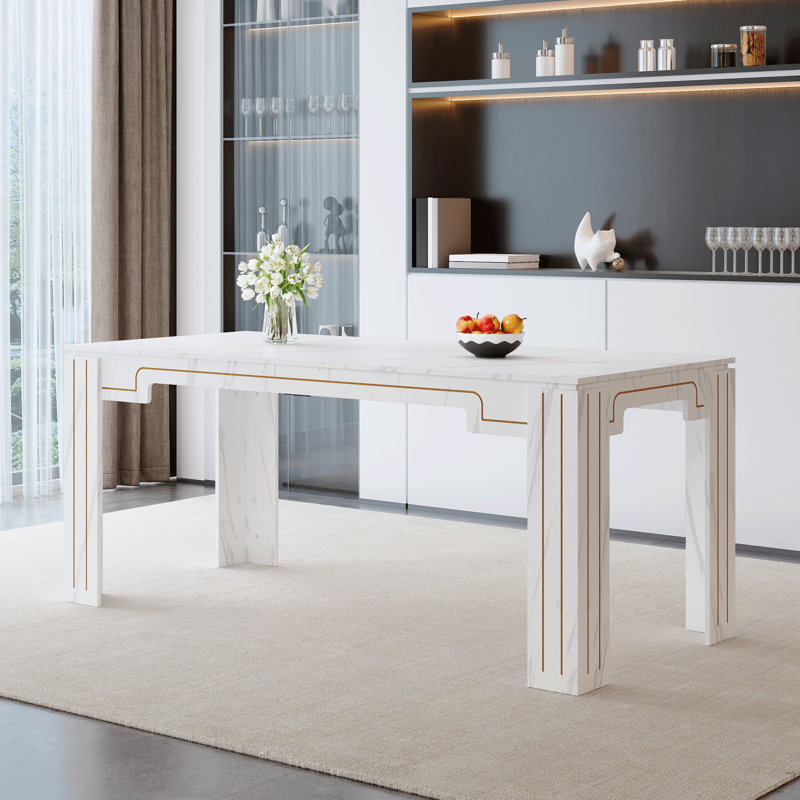 Table de salle à manger 71 po x 31,5 po à motif de panneaux de fibres à densité moyenne en marbre blanc avec pieds rainurés. Table de salle à manger pour la maison, pouvant accueillir de 6 à 8 personnes. Adaptable pour les restaurants, les salons, etc.
