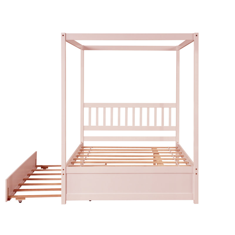Aviance Platform Bed Frame, Wood Canopy Bed with Twin Trundle, Pink