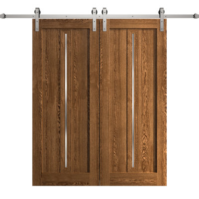 Modern Double Barn Door 84 x 84 inches Ego 5014 Cognac Oak 14FT Silver Rail Track Set Solid Panel Interior Doors