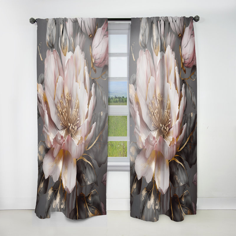 Rideaux en velours floral - 1 panneau de pivoines roses et grises Blooming III, L 52 po x L 120 po