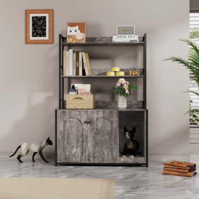 Grand bac à litière avec rangement pour tablette, meubles de toilette cachés pour chat, maison de chat en bois avec patin à griffes, armoire pour chat robuste avec 2 portes