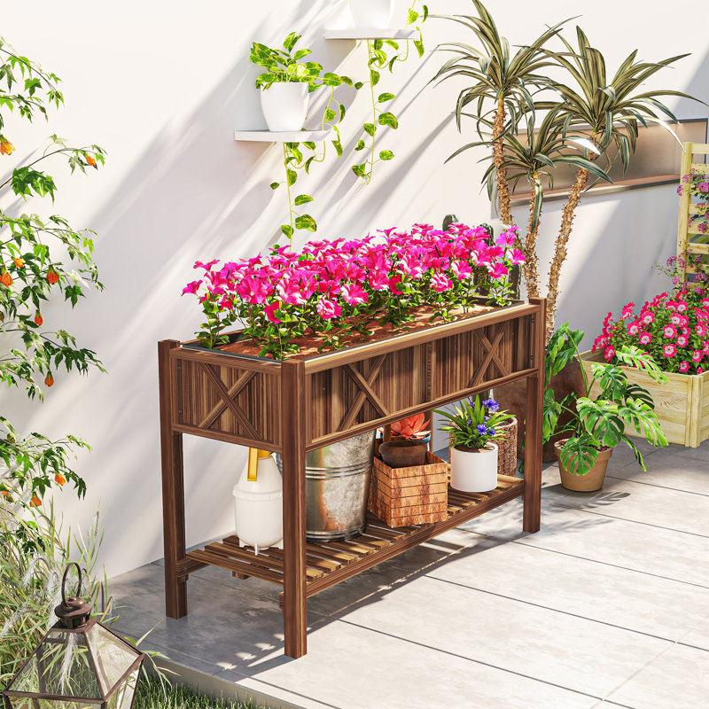 Raised Garden Bed, 47 X 22 X 31.5 In Elevated Wood Planter Box With Storage Shelf, Drainage Holes And Liner, Carbonized