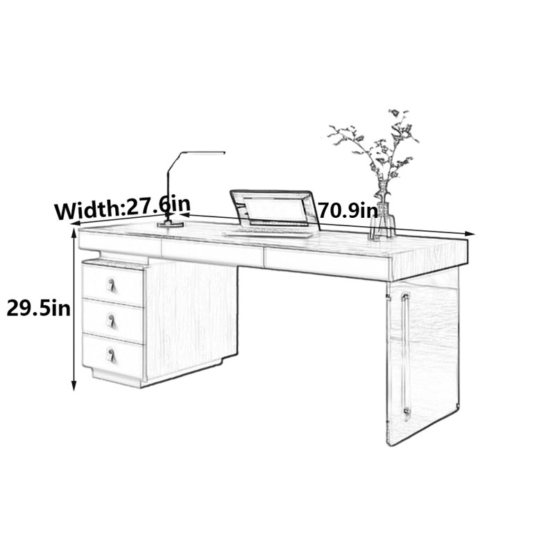 Bureau italien de luxe minimaliste italien avec pieds en acrylique, H 29,5 po x l 70,9 po x P 27,6 po
