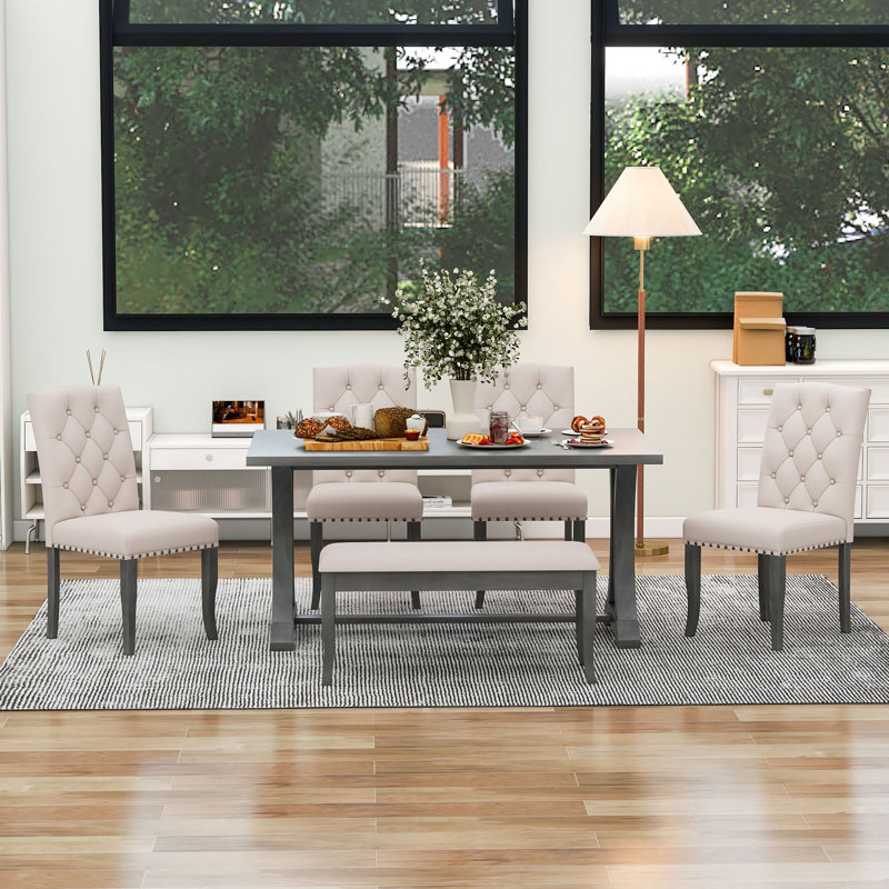 Dining Table Set, Rectangular Trestle Table And Upholstered Chairs Bench, Beige/Antique Gray, Antique Gray