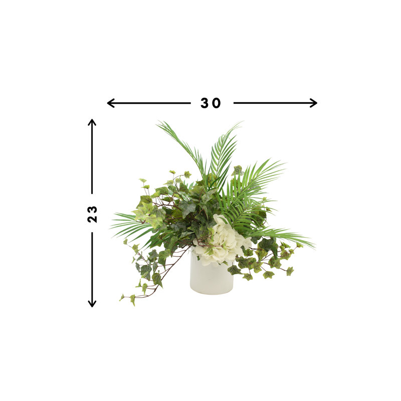 White Hydrangea, Ivy And Fern In Round White Fiberstone Pot