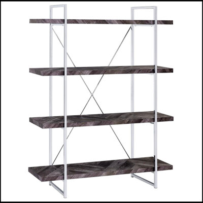 Rustic Grey Herringbone Bookcase with Full-Length Shelves, Combining Classic Charm and Modern Elegance for Versatile Storage.