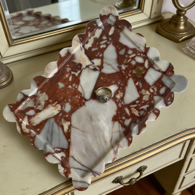 Scalloped Edge Rectangular Marble Tray - Decorative And Functional Organizer For Vanity, Bathroom, Kitchen, And Dining