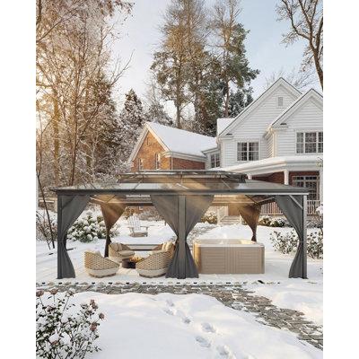 Pavillon de jardin 12 po x 20 po à toit rigide, double toit en polycarbonate et cadre en aluminium avec filet et rideaux pour patio