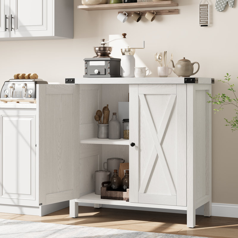 Farmhouse Sideboard Buffet Cabinet With Storage, Kitchen Cabinet With Adjustable Shelf and Barn Doors, Modern Wooden Storage Cabinet for Living Room, Dining Room, White