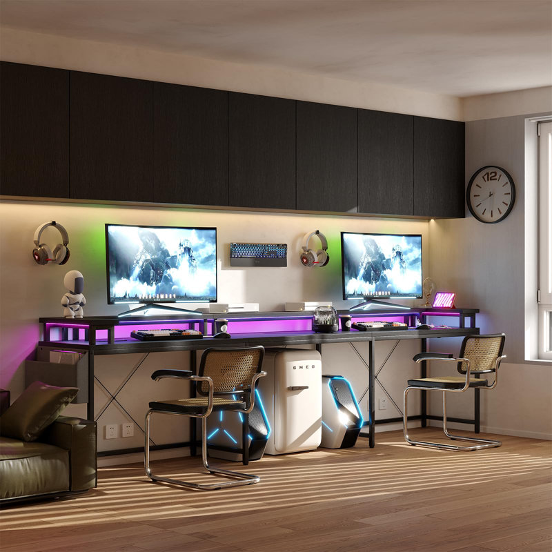 79" U-Shaped Computer Desk, Power Outlets & LED Lights with Monitor Stand for Home Office, Black