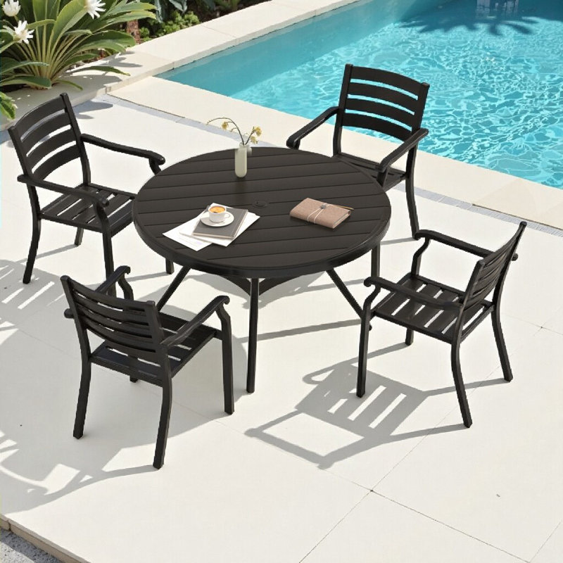 Ensemble repas d'extérieur 52,9 po avec ensemble de patio en métal empilable 7 pièces avec trou de parasol réglable?, 4