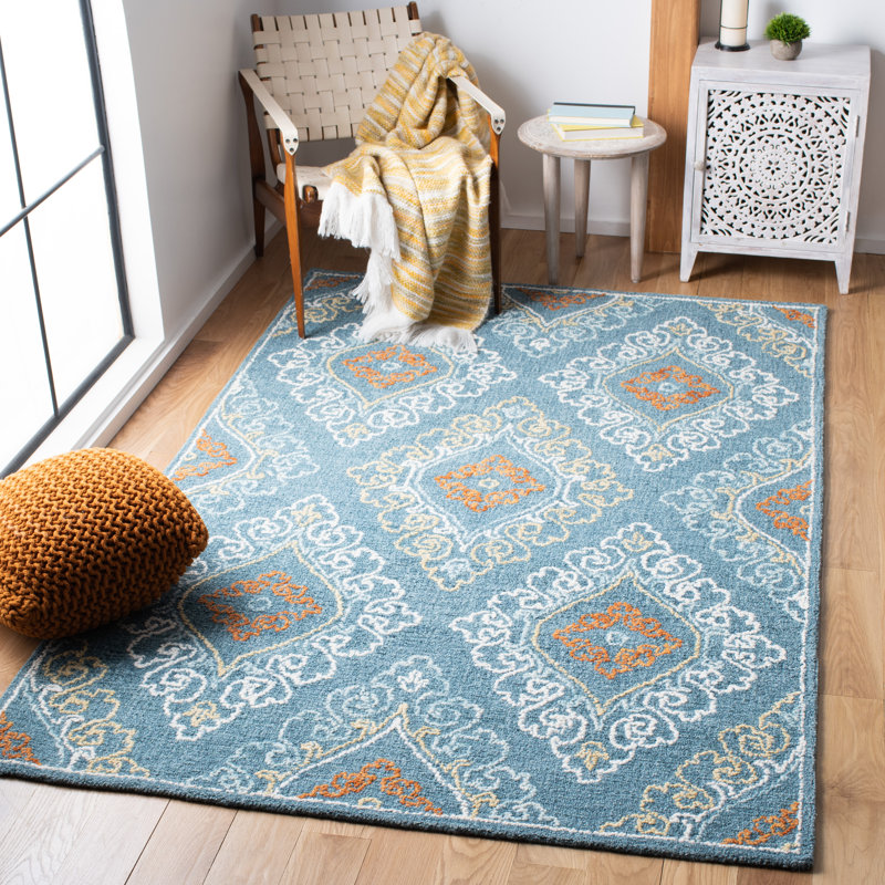 Fairborn Hand Tufted Wool/Cotton Ikat Rug in Blue/Yellow, Rectangle 5' x 8'