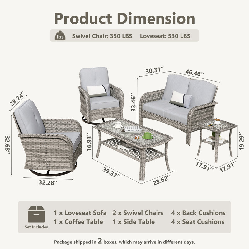 5 Pieces Patio Furniture Set, Outdoor Wicker Sofa With Swivel Chairs, Coffee Table, All Weather High Back Rattan Loveseat Couch With Comfy Cushions