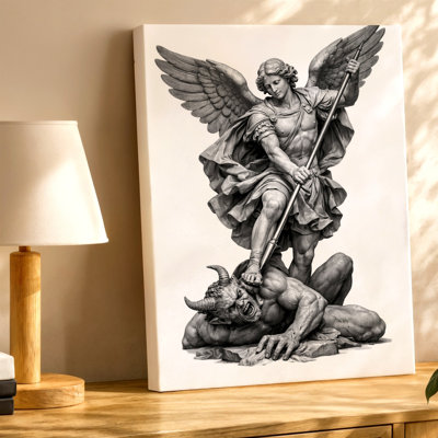 Archangel Warrior Defeating Demon Statue Gothic Religious Poster Print Canvas Wall Art Print, Religious Decorative Artwork For Living Room Bedroom Office, Hallway Gallery Wall Home Decor