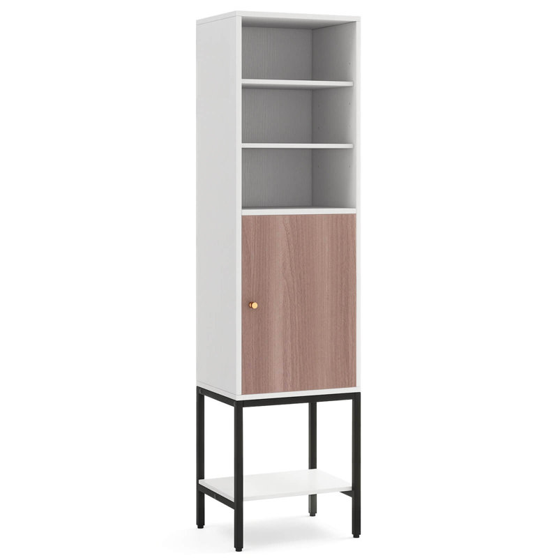 57" Bathroom Tall Cabinet With 1 Door And 4 Shelves Freestanding Floor Cabinet, White/Gray