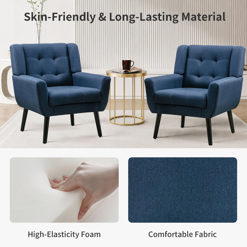 Tufted Upholstered Wide Back Armchair（Set of 2）, Navy Linen