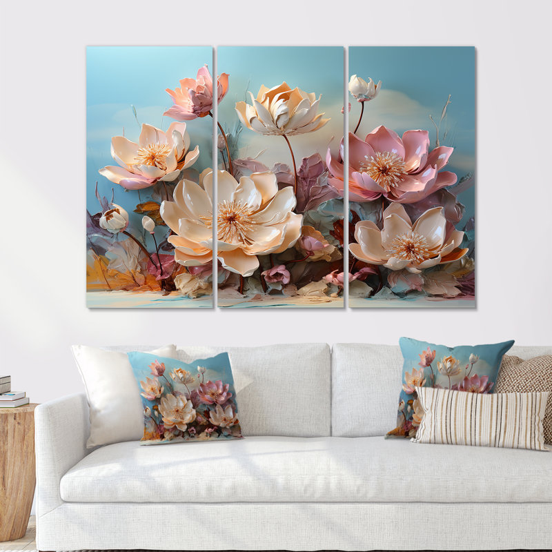 Fleur de lotus moderne rose - ensemble d'art mural fleurs, H 40 po x l 60 po x P 1 po