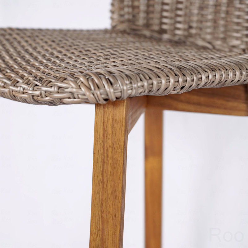 Set Of 2 Outdoor Patio Barstool, Teak Finished Wood With Light Brown PE Wicker, Light Brown