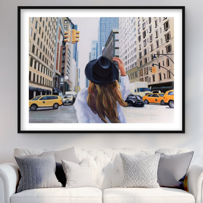 Woman Traveling to New York City - Black Architecture Print
