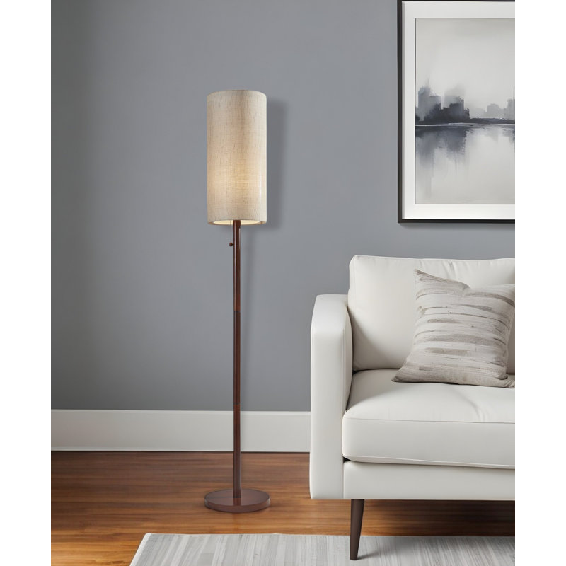 Ozkan   65" Brown Solid Wood Floor Lamp With Beige Linen Drum Shade