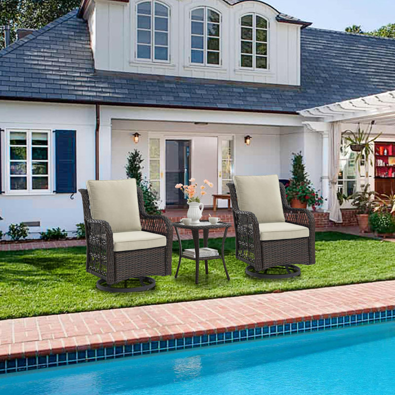 3 Pieces Outdoor Swivel Rocker Chair Set Of 2 With Small Side Table, 360-Degree Swivel Rocking Chair, Apricot, Coffee
