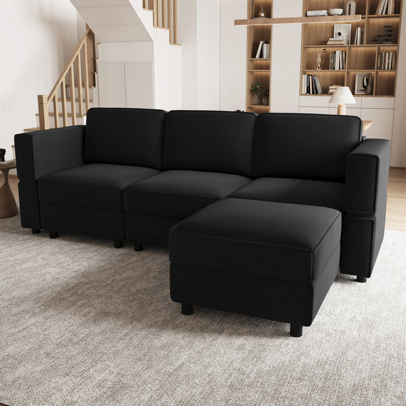 Canapé modulaire en L avec repose-pieds mobile, Velours noir, H 33,9 po x l 88,6 po x P 57,1 po