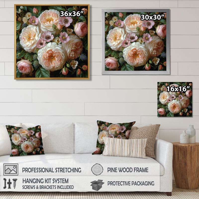 Blooming, rose, blanc, chrysanthèmes, Toile avec cadre flottant or, H 36 po x l 36 po x P 1,5 po