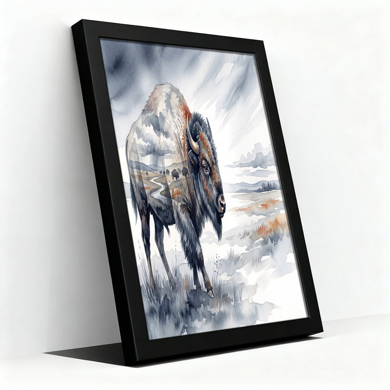 Bison en gris et rouille, aquarelle, double exposition, paysage sur toile, H 12 po x l 18 po