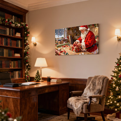Christmas Santa Wrapping Gifts In Workshop Scene Set of 3 Canvas Wall Art Prints
