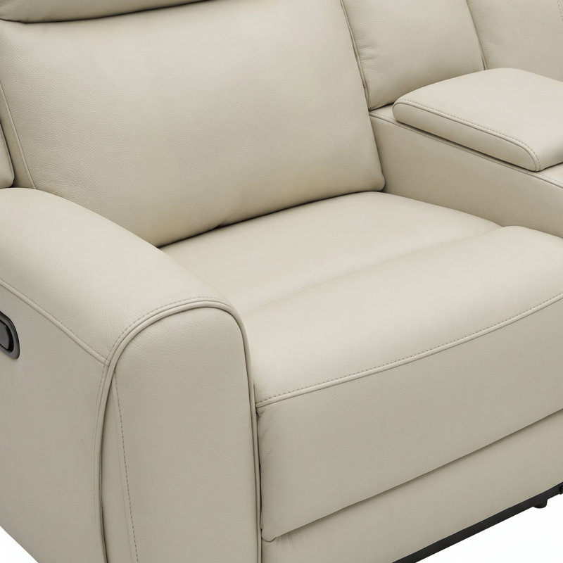 Canapé d'angle inclinable manuel Burroughs en cuir pleine fleur avec console, Cuir véritable beige
