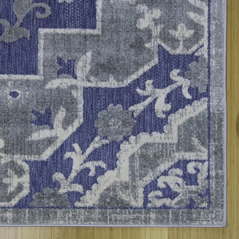 Blue and Gray Synthetic Flat Woven Reversible Area Rug 5' x 7'