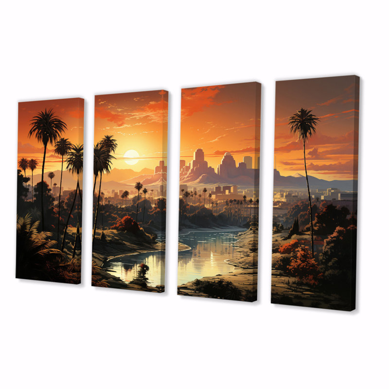 Sunset Los Angeles Cityscape Angel Canvas Art Set