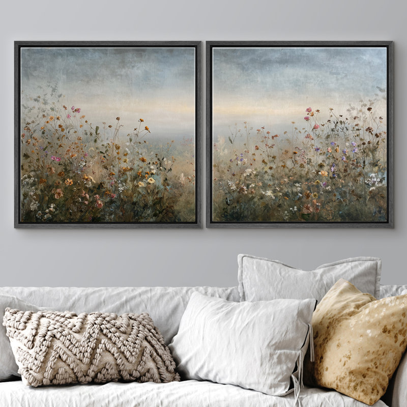 «Soft Horizon Wildflower Field Landscape Floral Wall Decor», art mural encadré pour chambre principale, impression 2 pièces