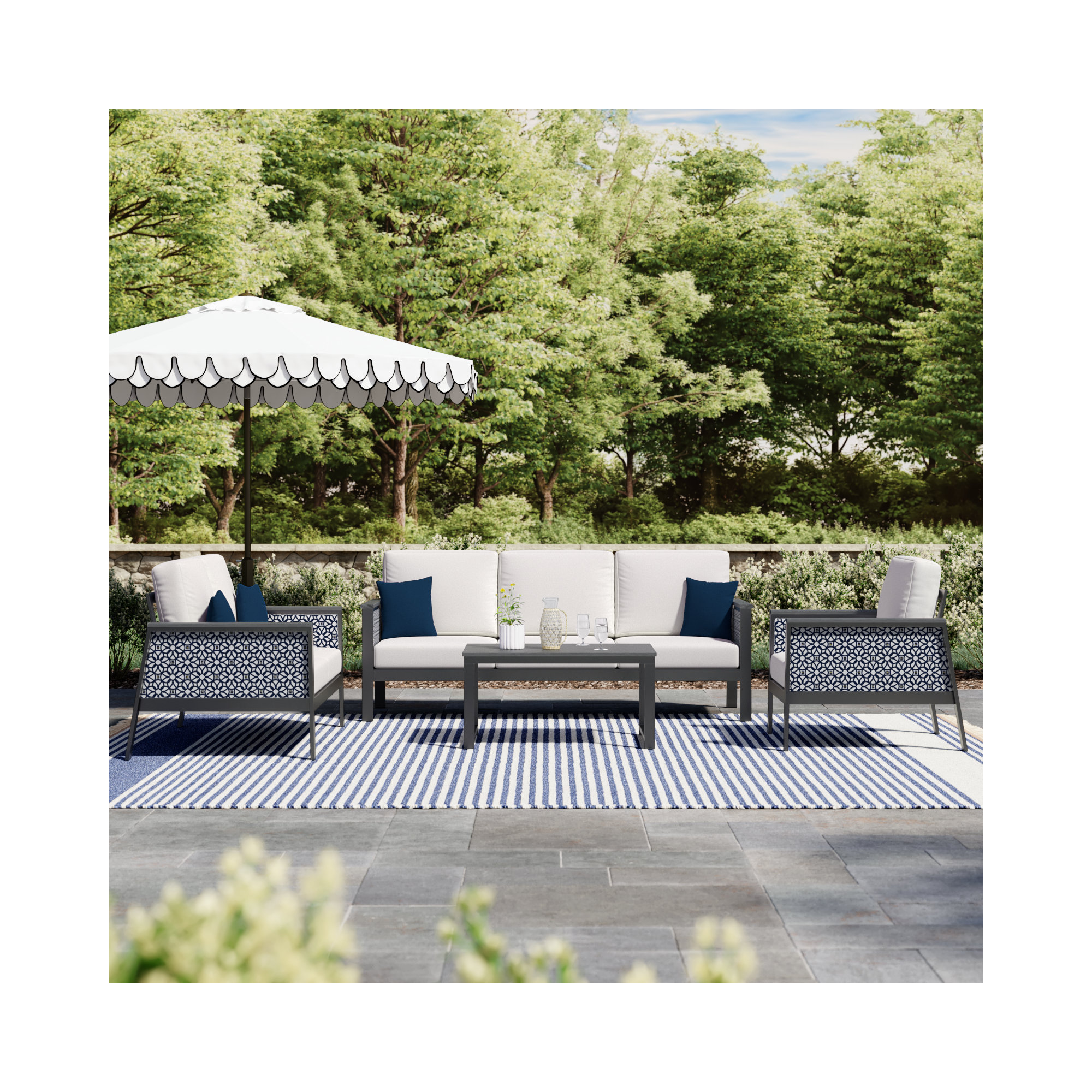 Townsend 4 Piece Sofa Seating Group with Sunbrella Cushions, Canvas White/Lux Indigo Fabric