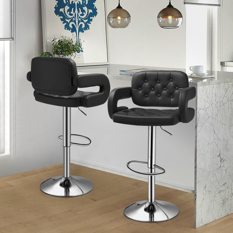 Black Faux Leather Adjustable Swivel Bar Stools with Pedestal Base, Set of 2