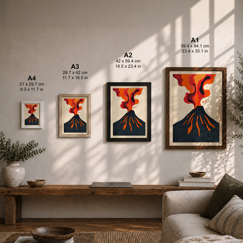 Volcanic Power Mid-Century - Framed Print, A2 - 59.4 x 42.0 cm, Walnut