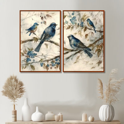Quatre oiseaux bleus rétro sur une branche IV - animaux, art mural sur toile