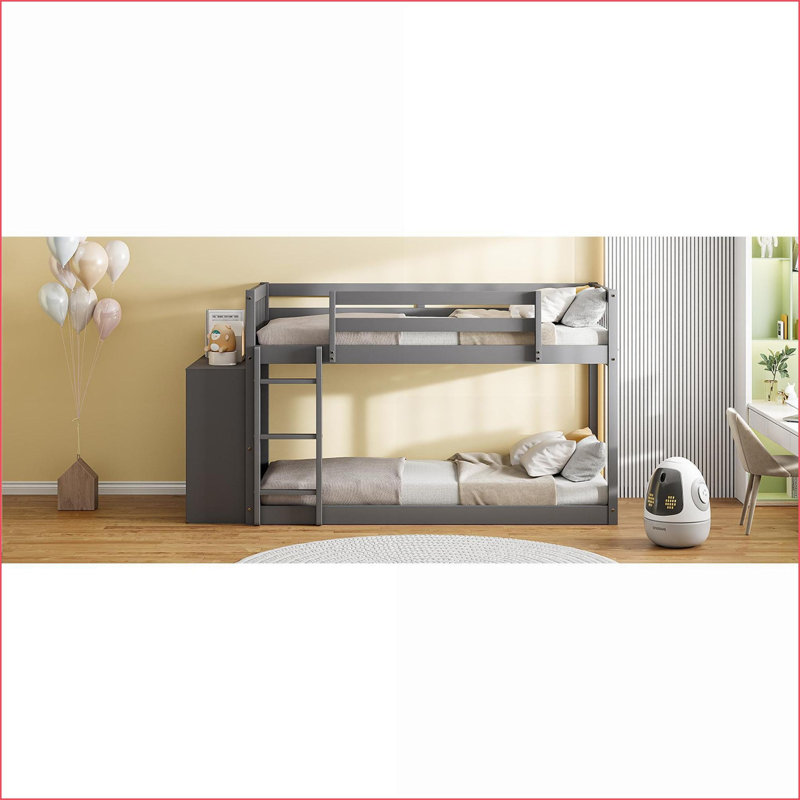 Lit simple superposé simple en pin massif avec 4 tiroirs et 3 tablettes - sans sommier, gris pour les soirées pyjama et amp; Petits espaces