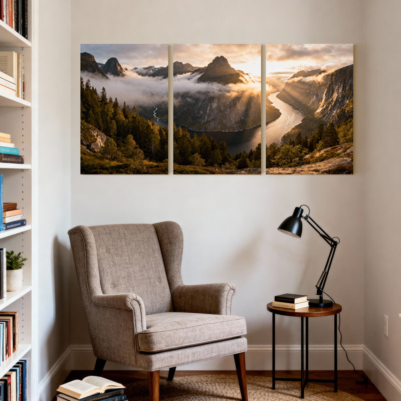 Ensemble de 3 impressions sur toile, paysage de montagne avec nuages et rivière, H 30 po x l 60 po