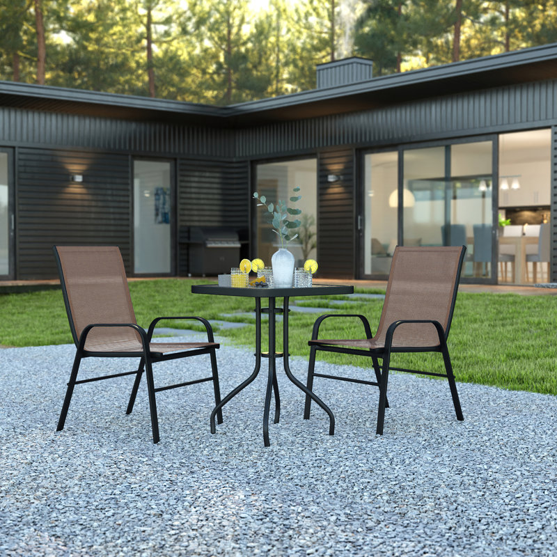 Ensemble de salle à manger de patio 3 pièces Elgin - Table en verre, 2 chaises empilables Flex, Brun