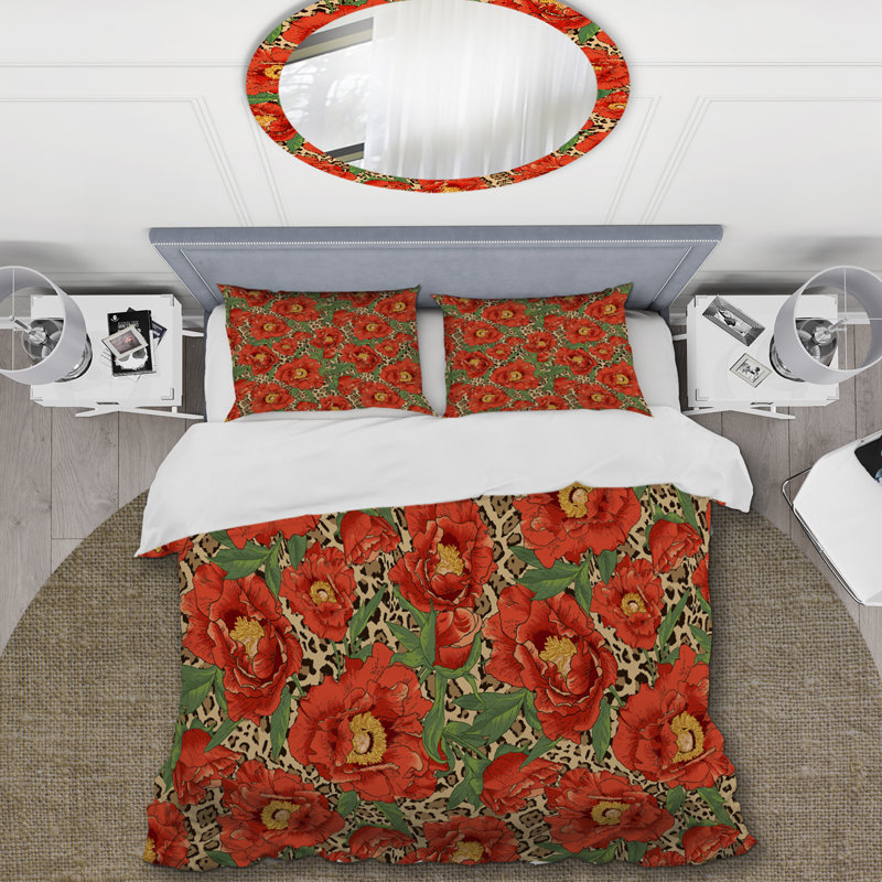 Ensemble de housse de couette Orange Flower On Leopard - Cabin & Lodge, Housse de couette pour très grand lit et 2 très