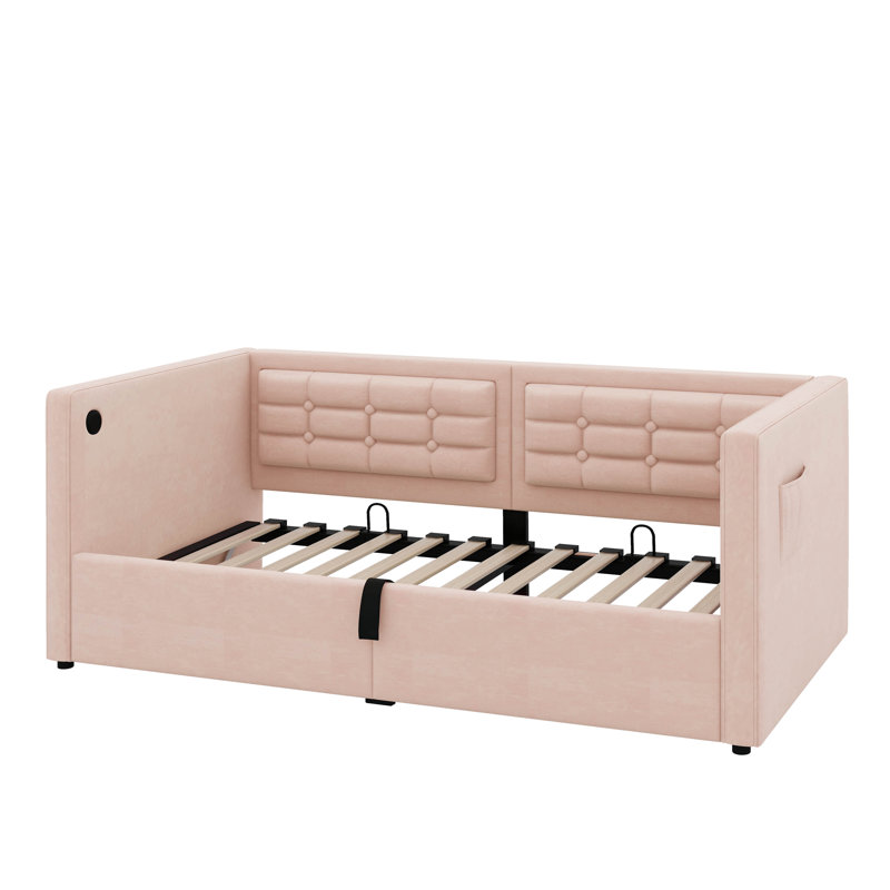 Upholstered Twin Size Daybed, Hydraulic Storage Twin Bed With USB & Type-C Charging, Bed Frame With Tufted Sofa Back, Pink