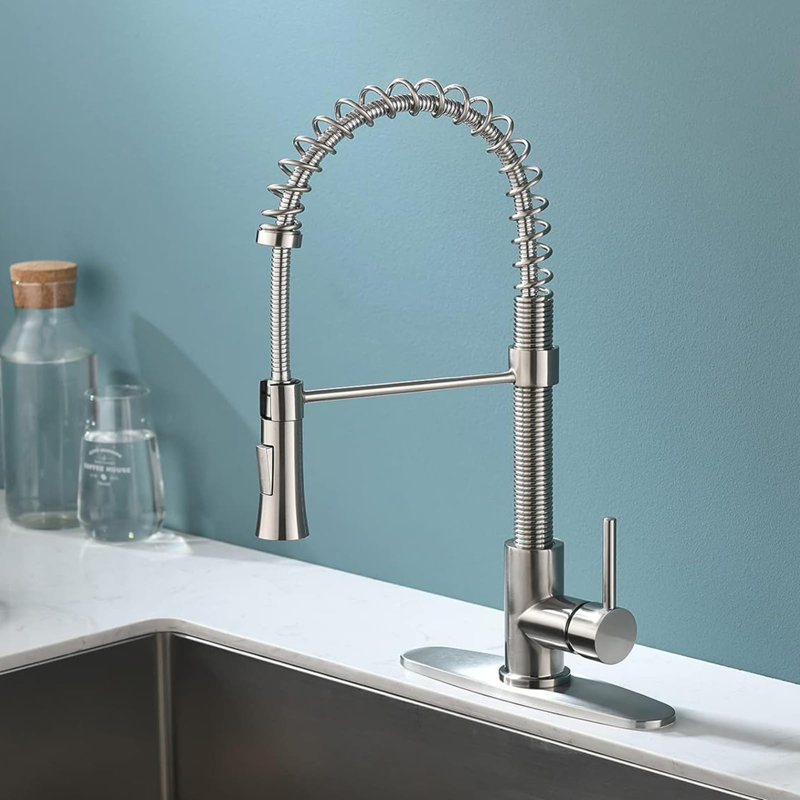 Single Handle Brushed Nickel Pull-Down Spring Neck Sprayer Kitchen Faucet With Deck Plate