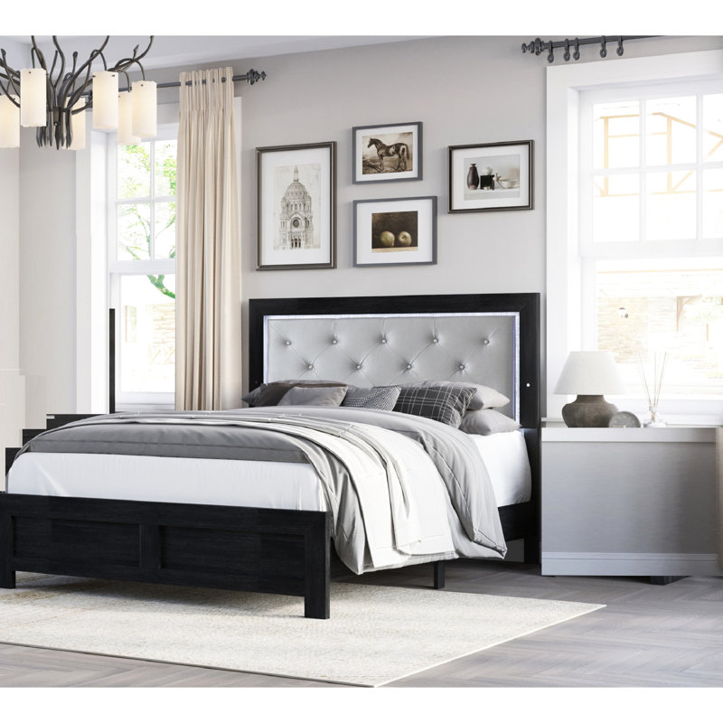 Grand lit à panneau moderne - tête de lit avec éclairage, finition noire, revêtement gris, bouton, similicuir à DEL en bois
